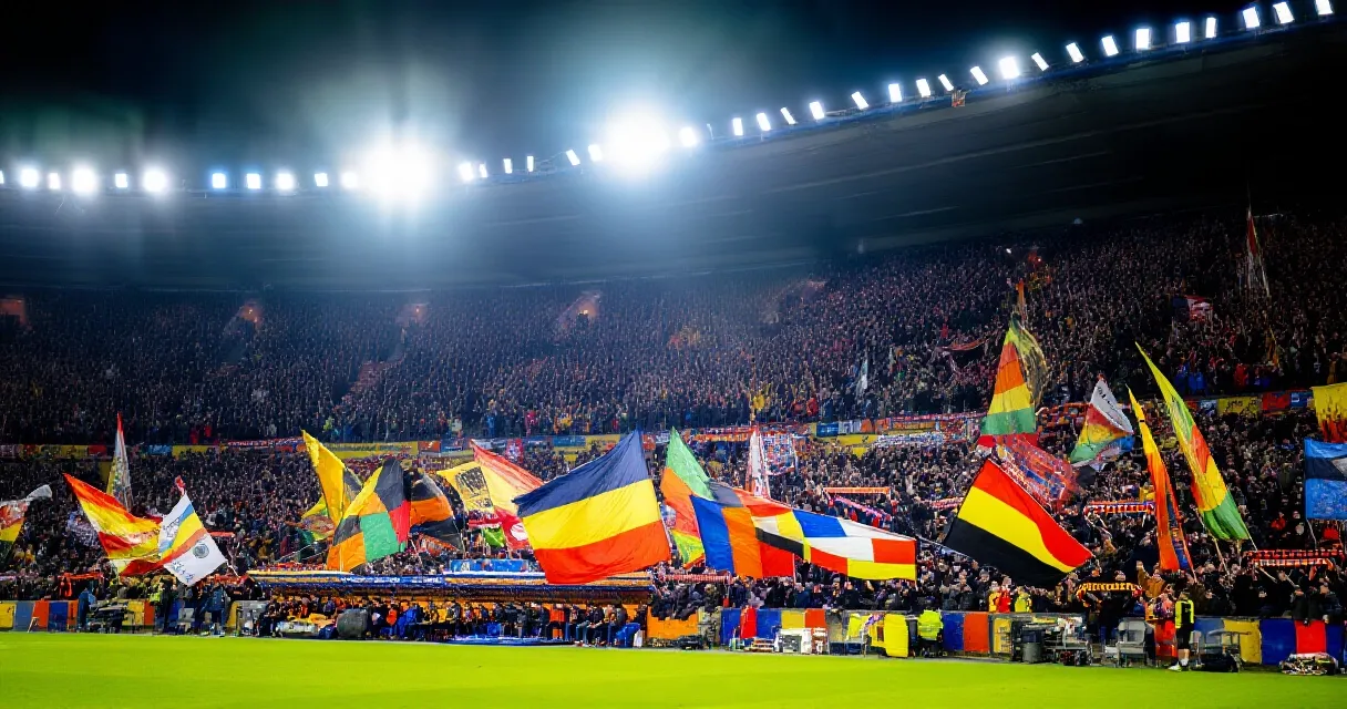 Football club executives shaking hands in a stadium boardroom with a packed floodlit stadium visible through the window