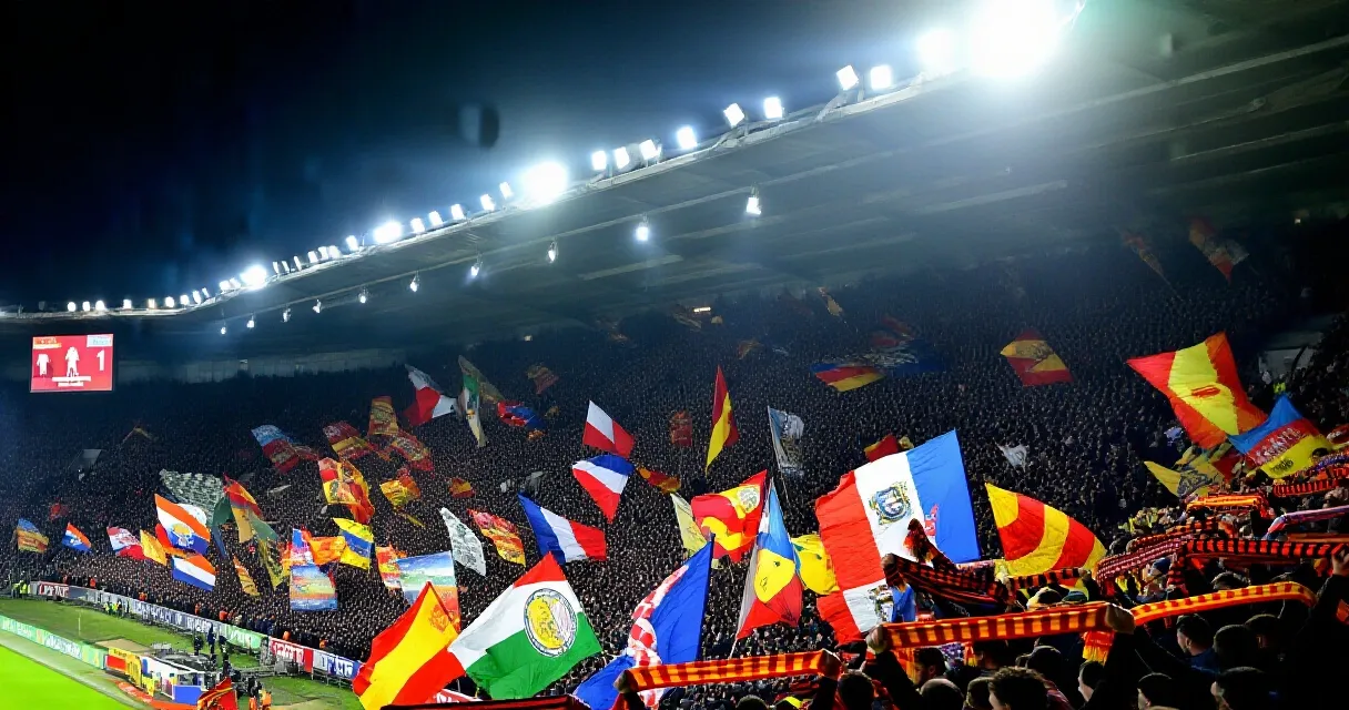 Floodlit Turkish football stadium filled with fans at night