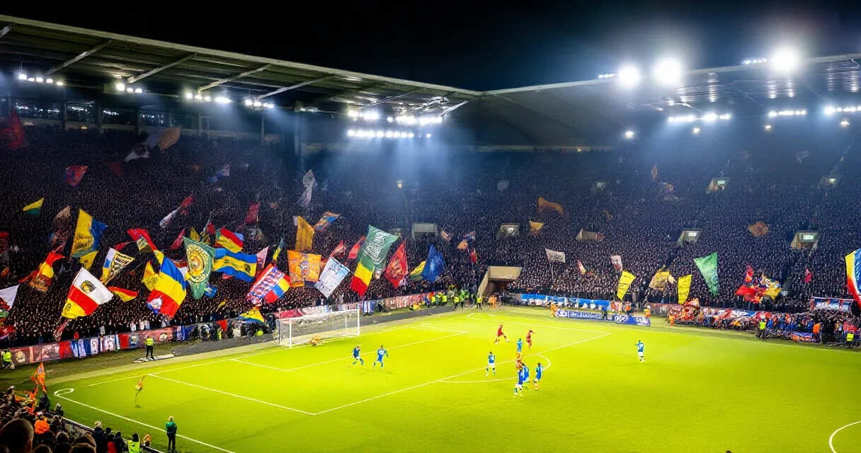 Fotbollsspelare skjuter på mål under en kvällsmatch med fullsatt arena i bakgrunden