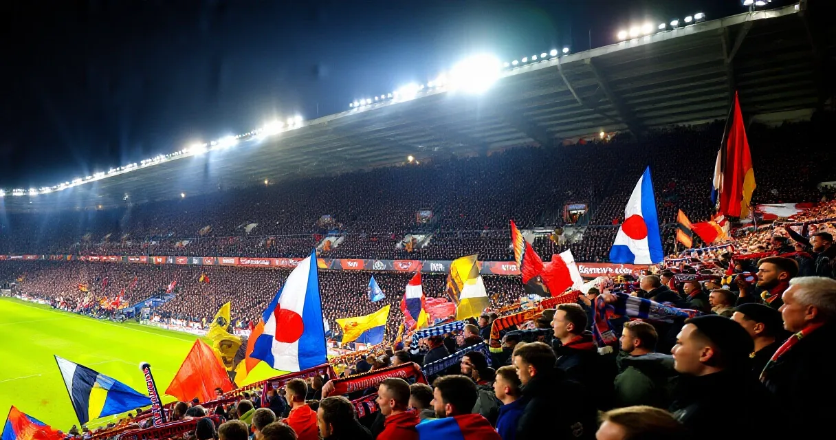 Estadio de f&uacute;tbol europeo lleno de aficionados bajo luces nocturnas