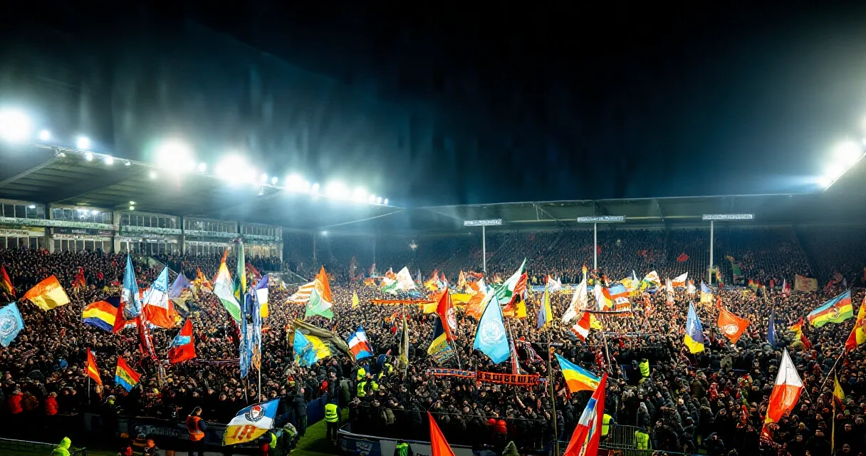 Football star in action under stadium floodlights before a packed crowd
