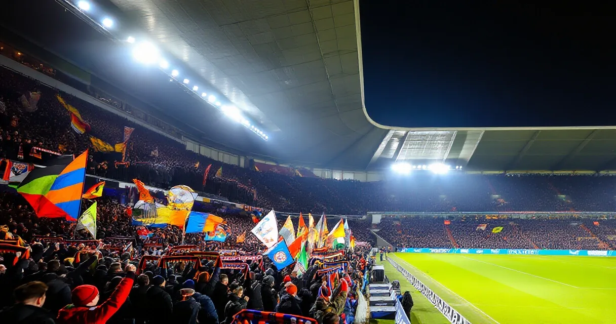 Uitverkocht, floodlit stadion vol supporters in Argentijnse kleuren