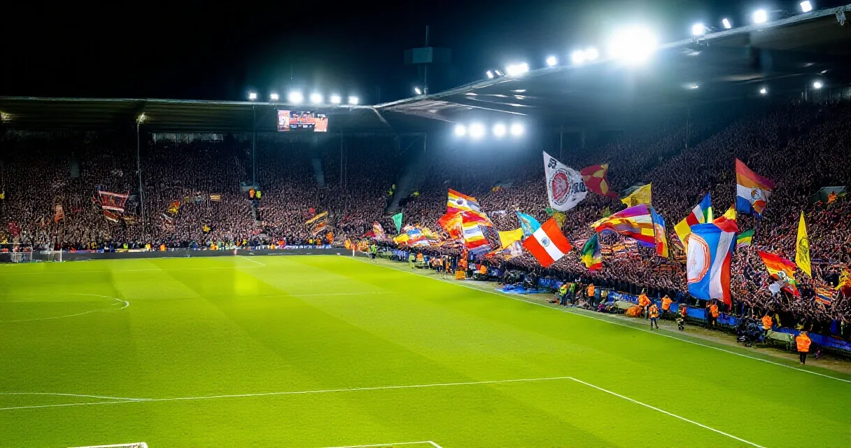 Packed floodlit stadium with cheering football fans at night