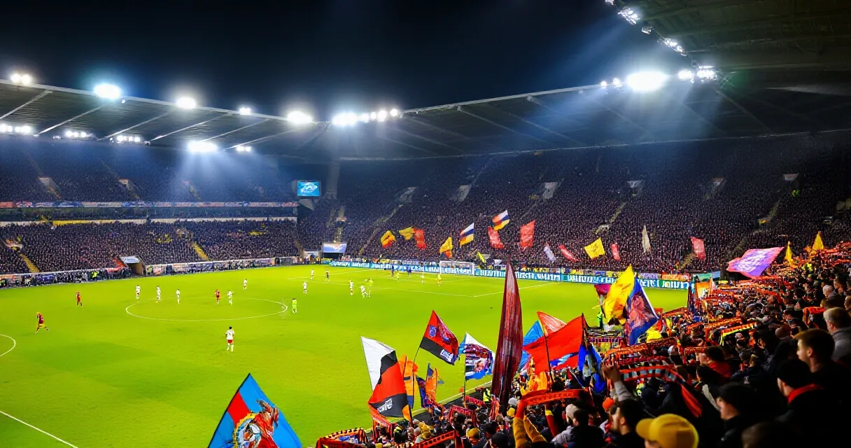 Gardien de but r&eacute;alisant un arr&ecirc;t d&eacute;cisif dans un stade &eacute;clair&eacute; et rempli de supporters