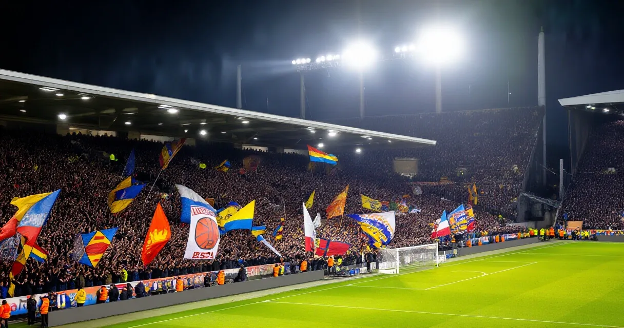 Stadio di calcio italiano gremito di tifosi sotto le luci notturne