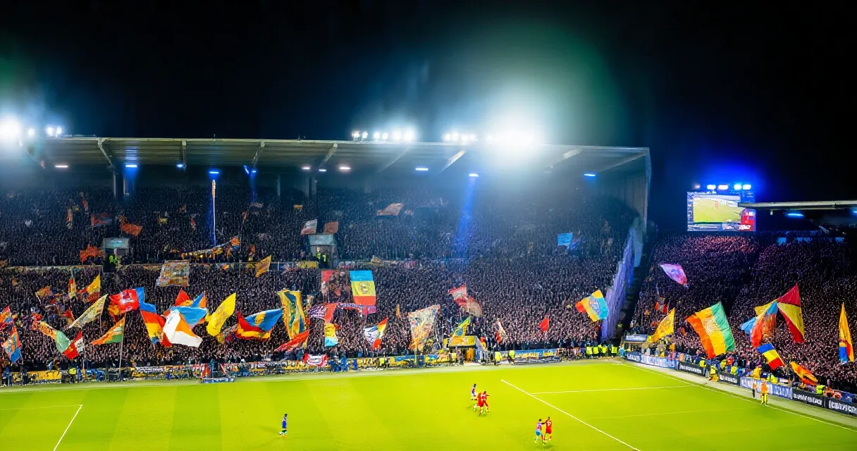 Floodlit stadium atmosphere during an international football match at night