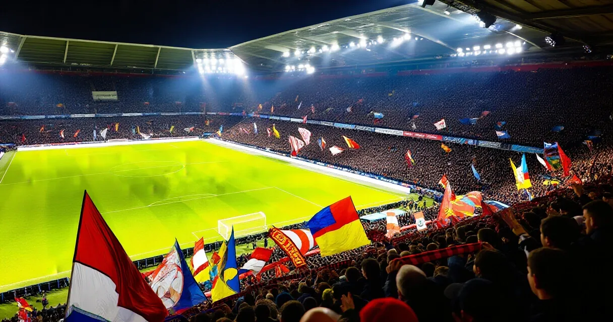 Fans packed into a floodlit Premier League stadium celebrating