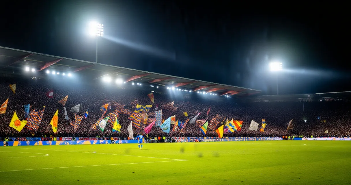 Footballer walking off a floodlit pitch after a match