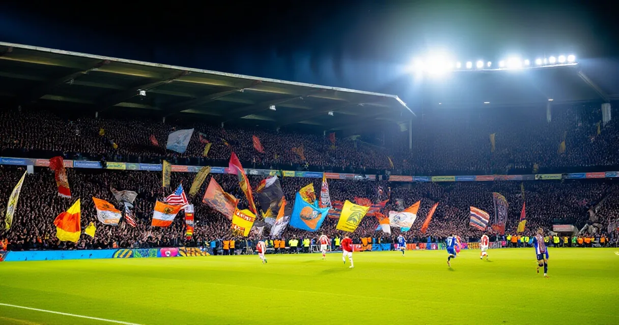 Floodlit stadium full of fans during a Premier League match