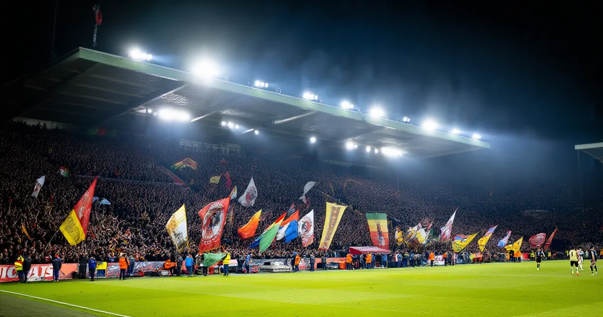 Alter Lederfußball auf dem Mittelkreis eines leeren Stadions bei Sonnenuntergang