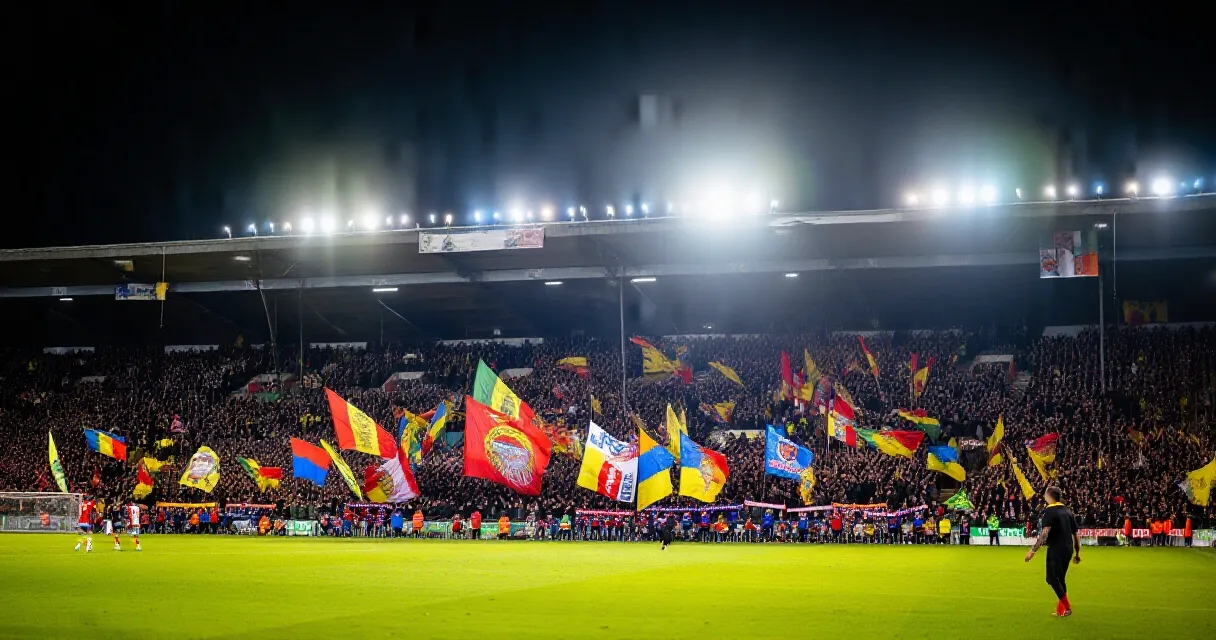 World class footballer dribbling in a packed football stadium under floodlights