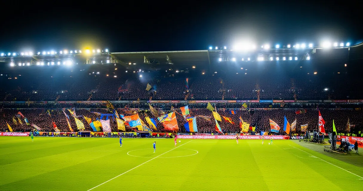 Flügelspieler im Bundesliga-Spiel unter Flutlicht im vollen Stadion