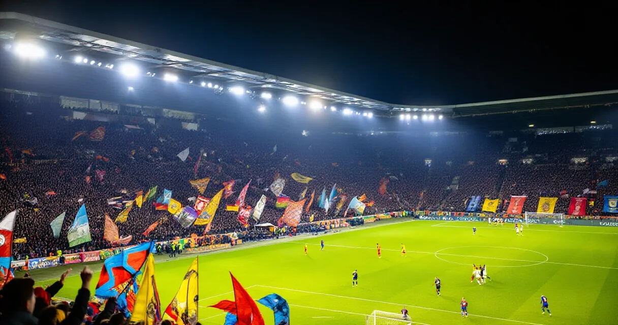 Fotbollsspjutspets firar ett mål i fullsatt stadion under matchbelysning