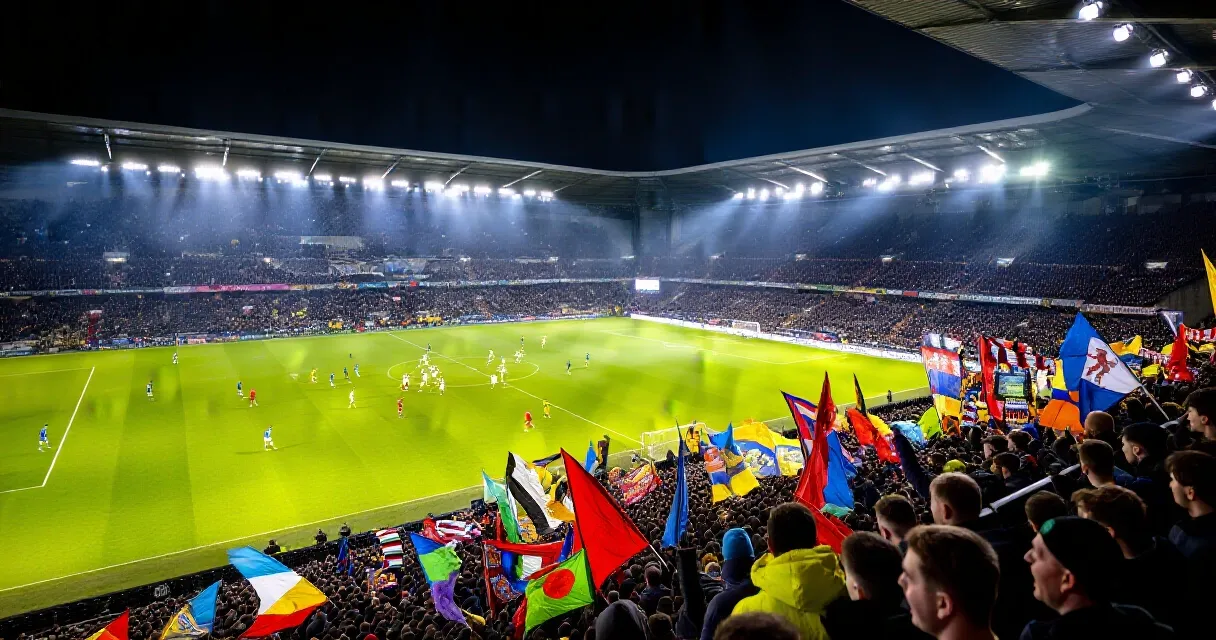 Jubelnde Fans und Spieler in einem vollbesetzten, beleuchteten Bundesliga-Stadion