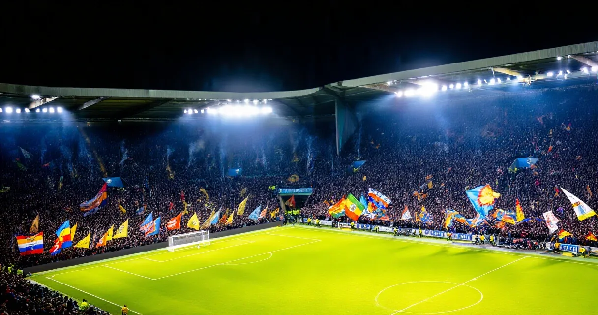 Joueur de l'equipe de France frappant le ballon lors d'un match international en nocturne