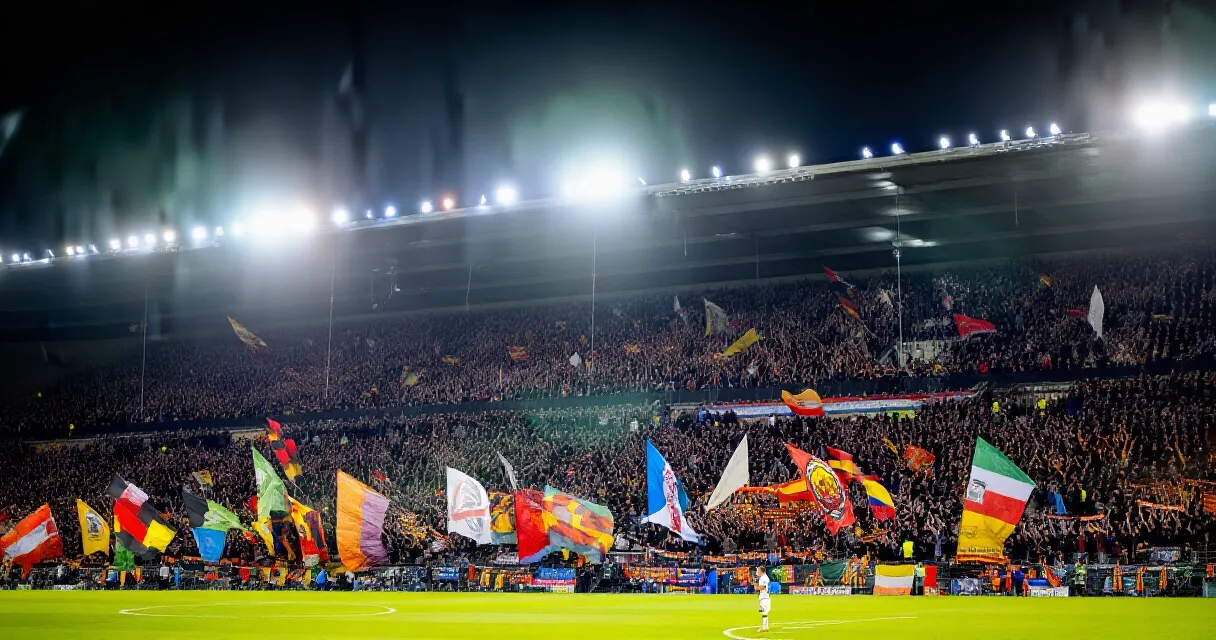 Fotbollsspelare i landslagstr&ouml;ja springer under en match under str&aring;lkastarljus