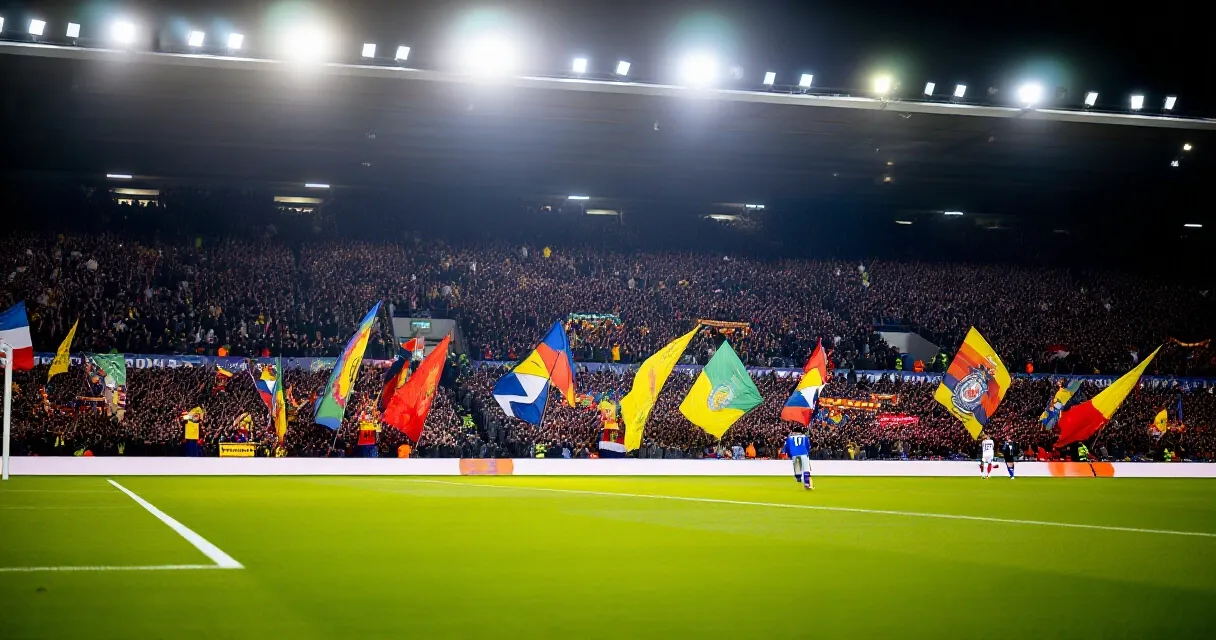 Packed floodlit football stadium full of fans at night