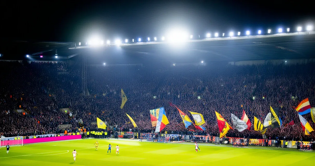 サッカーの試合でオフサイドを旗で示す審判と選手たち