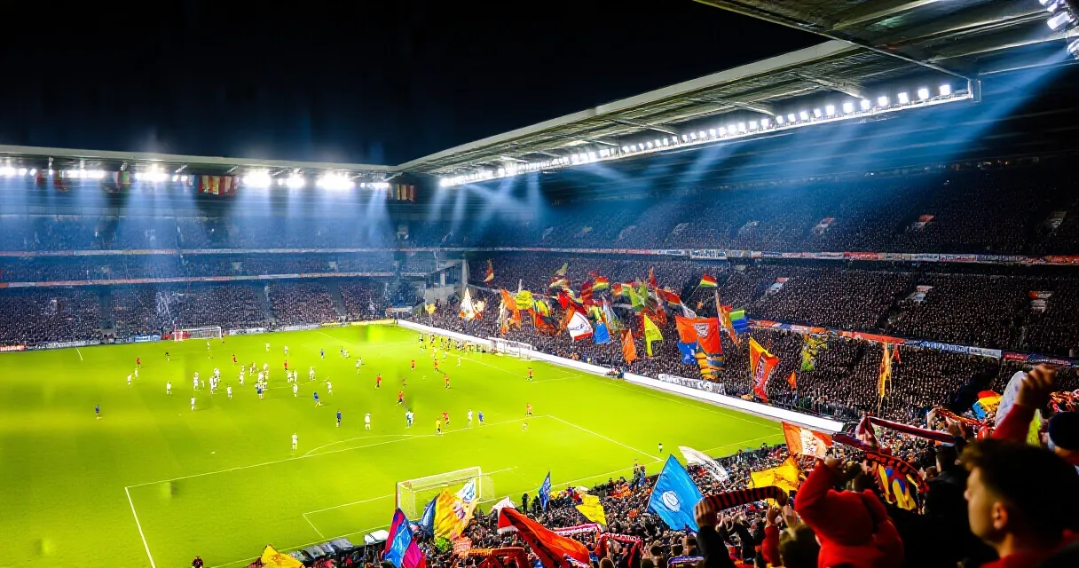 Turkish national team player in action under stadium floodlights during a night match
