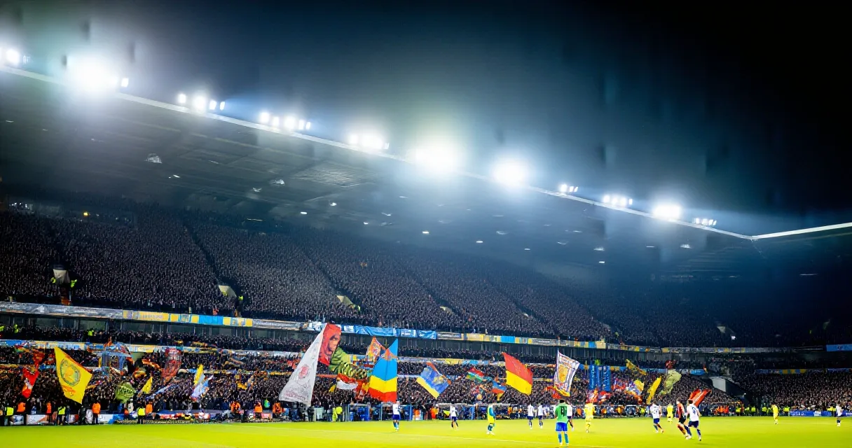 Floodlit stadium during a dramatic penalty kick moment in a night football match