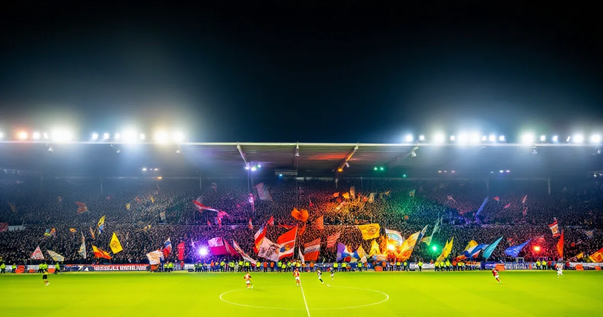 Brazilian footballer celebrating goal in packed stadium at night