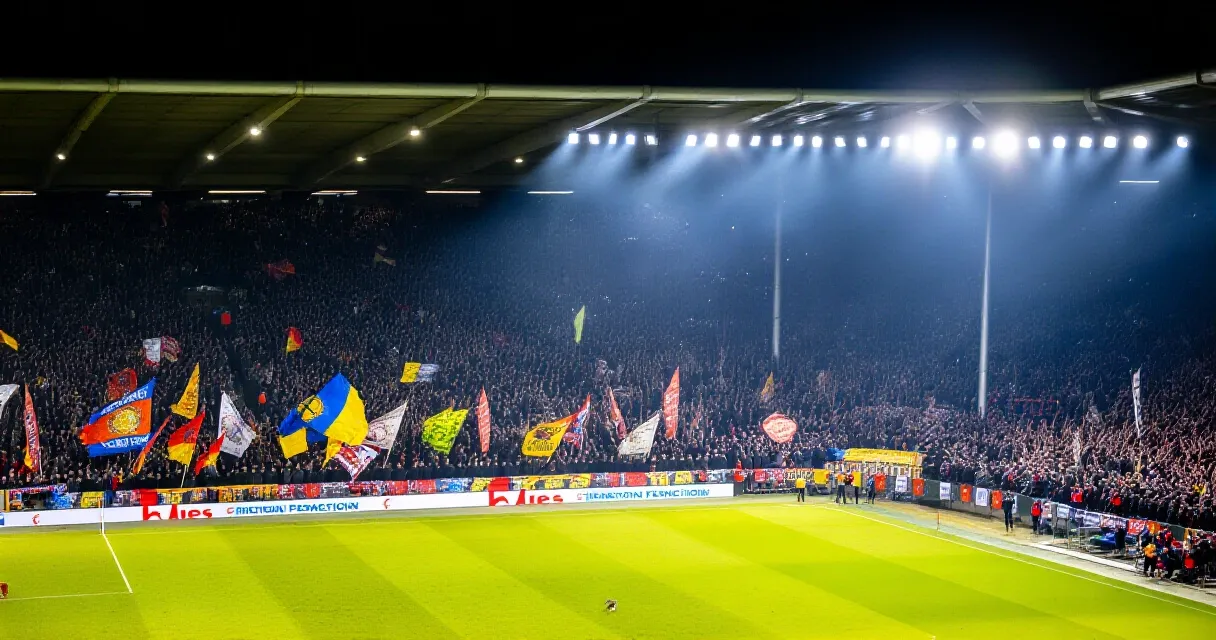 Packed football stadium with fans waving red and yellow scarves