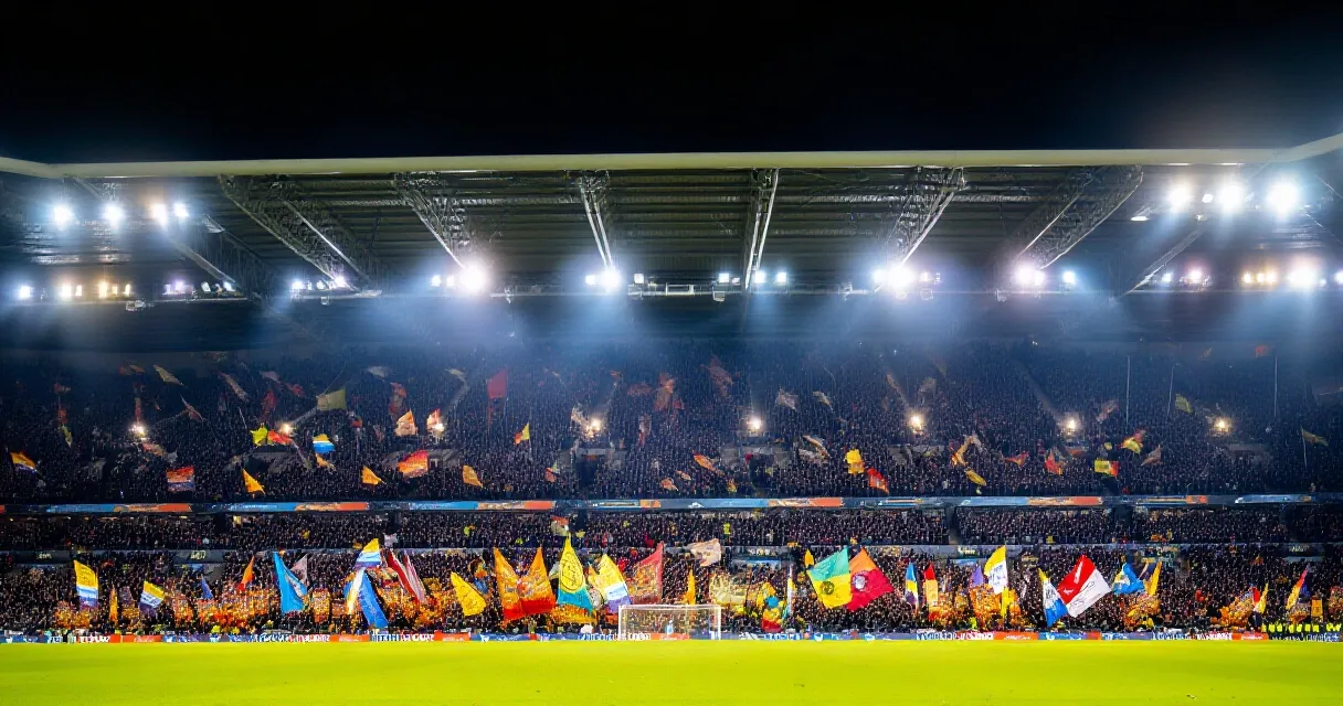 Packed Greek football stadium at night with teams competing