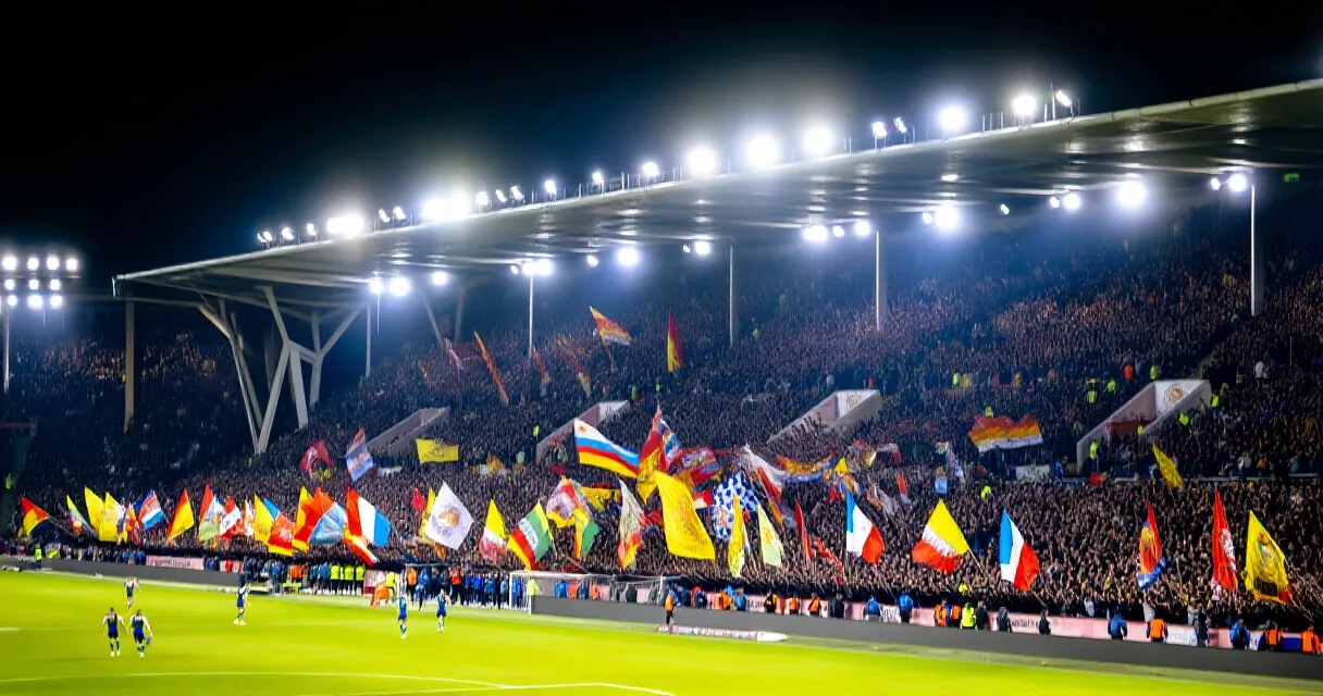 Football manager giving instructions on sideline at a packed floodlit stadium