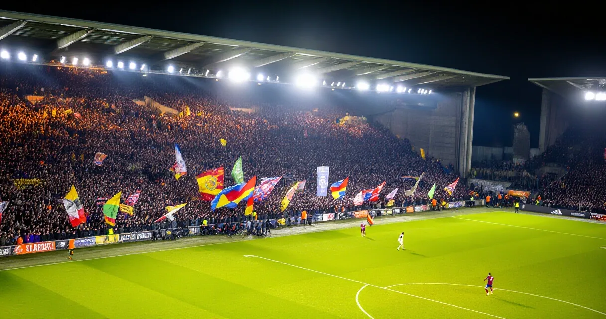 Stade espagnol de petite ville plein de supporters au coucher du soleil