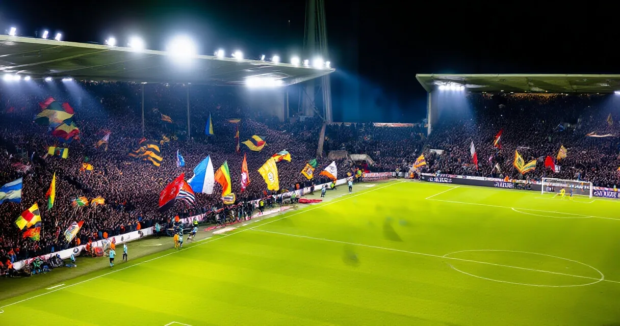 Ligne d&eacute;fensive de joueurs de football align&eacute;e sur un terrain en plein match