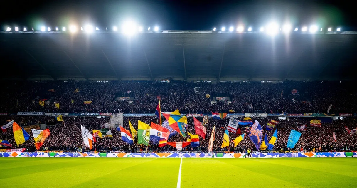 Suasana stadion sepak bola saat laga rivalitas dua negara berlangsung di bawah lampu sorot