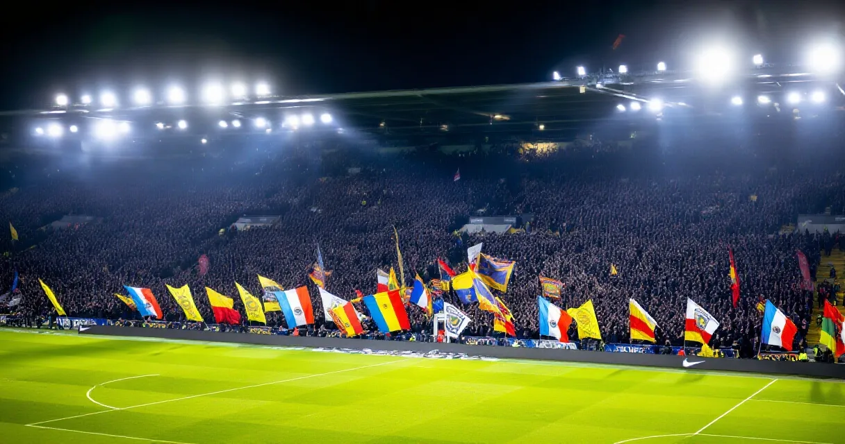 Packed floodlit stadium full of fans during a Morocco football match