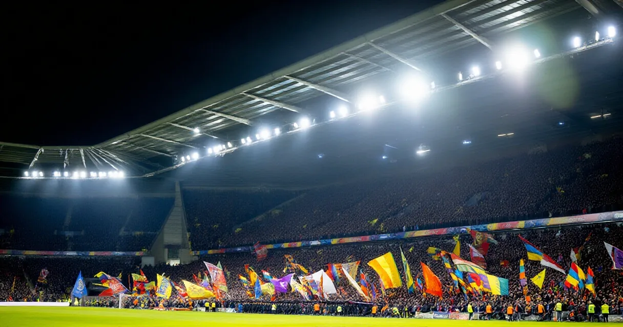 Fans cheering under floodlights during a night football match at a packed stadium