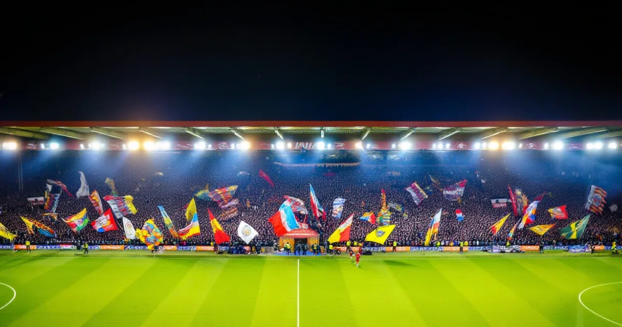 Attaccante di calcio celebra un gol in stadio illuminato con tifosi sugli spalti