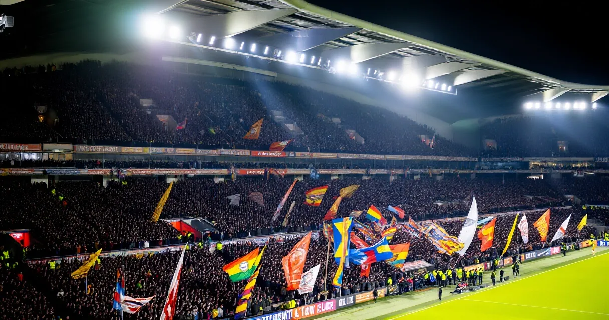 Football players celebrating a goal during a Europa League away match under floodlights