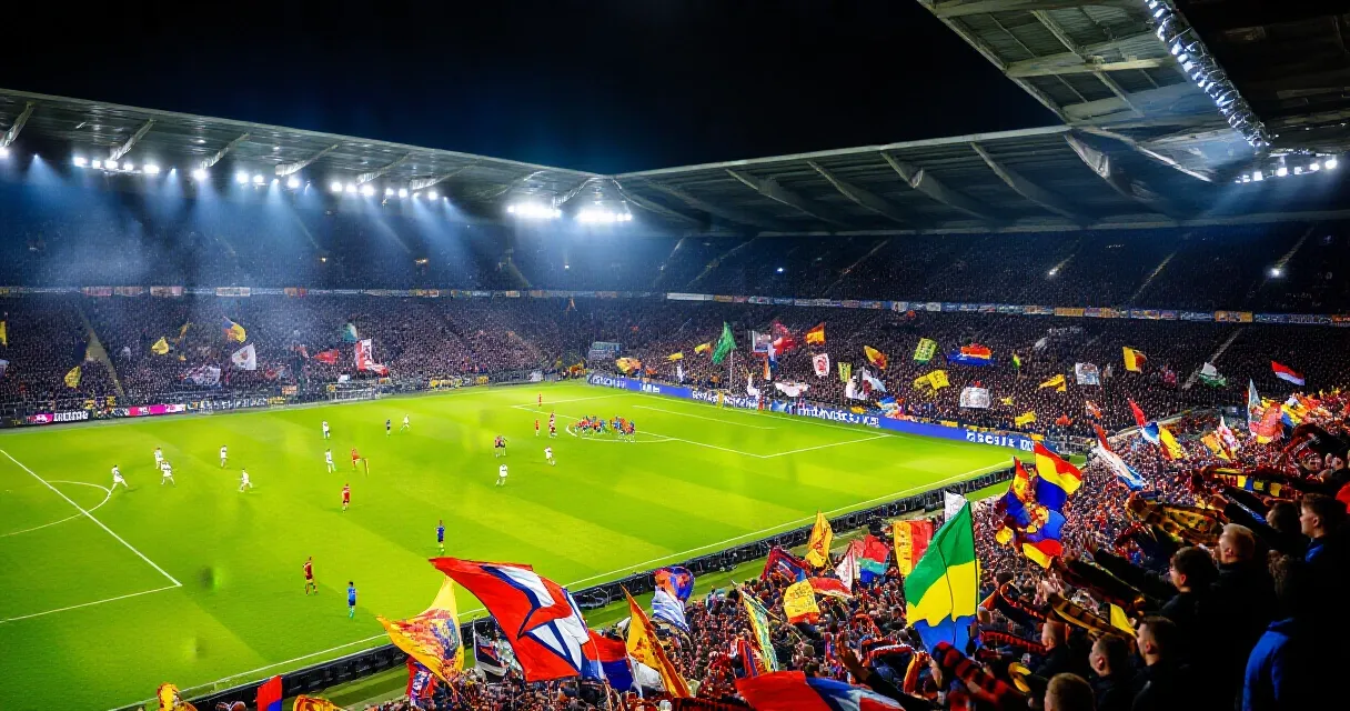 Midfielder celebrating on a floodlit stadium pitch packed with fans