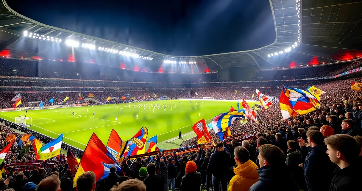 Brazilian striker celebrating a goal in a packed stadium under floodlights