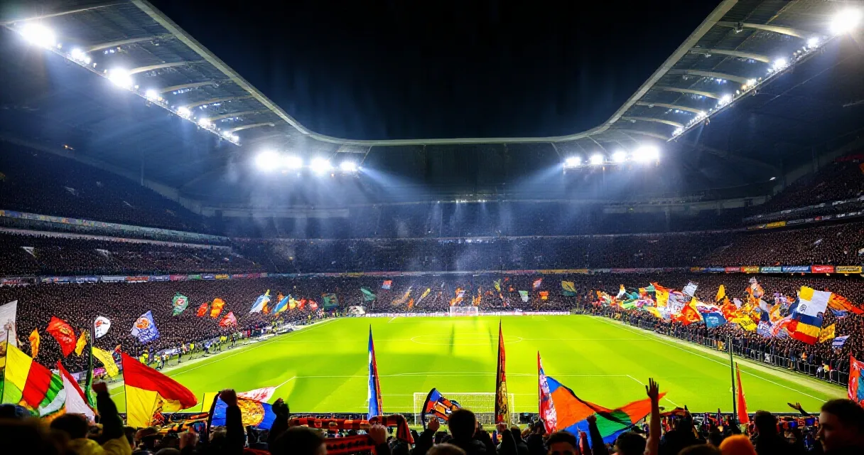 Premier League midfielder in action under floodlights with a packed stadium crowd behind him
