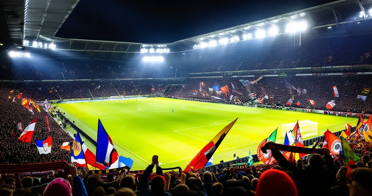Voetballer viert een doelpunt te midden van juichende ploeggenoten in een vol stadion