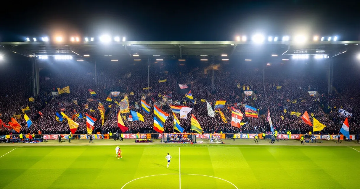 Packed small Spanish football stadium with fans during golden hour