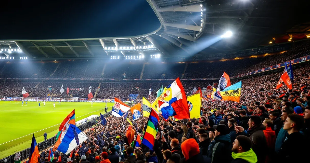 Deutscher Nationalstürmer im Laufduell um den Ball im Flutlichtstadion