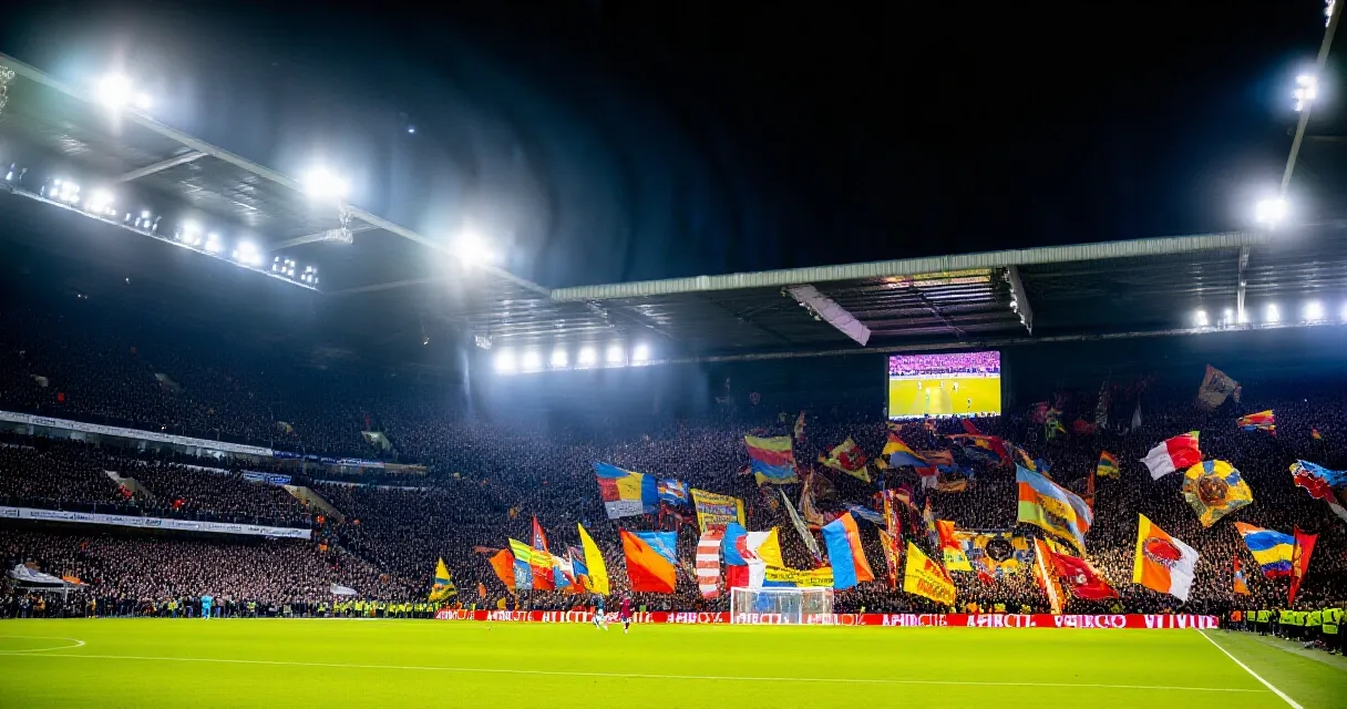 Futbolista disputa el bal&oacute;n en una entrada durante un derbi de f&uacute;tbol bajo las luces del estadio