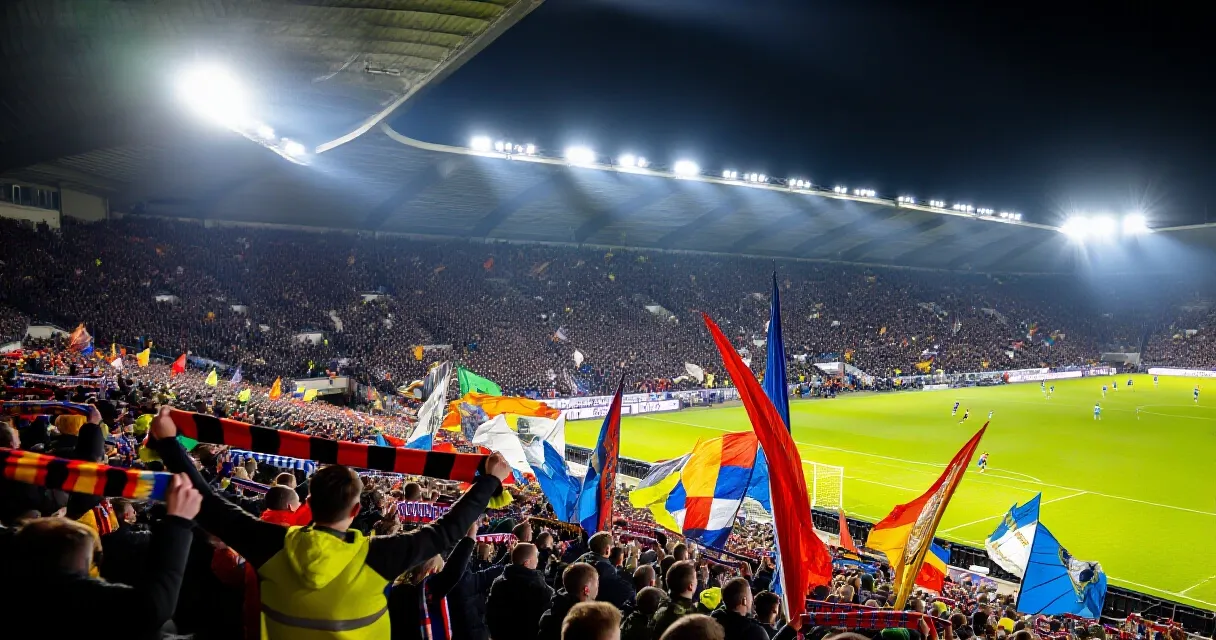 Floodlit stadium packed with cheering fans during a European football match