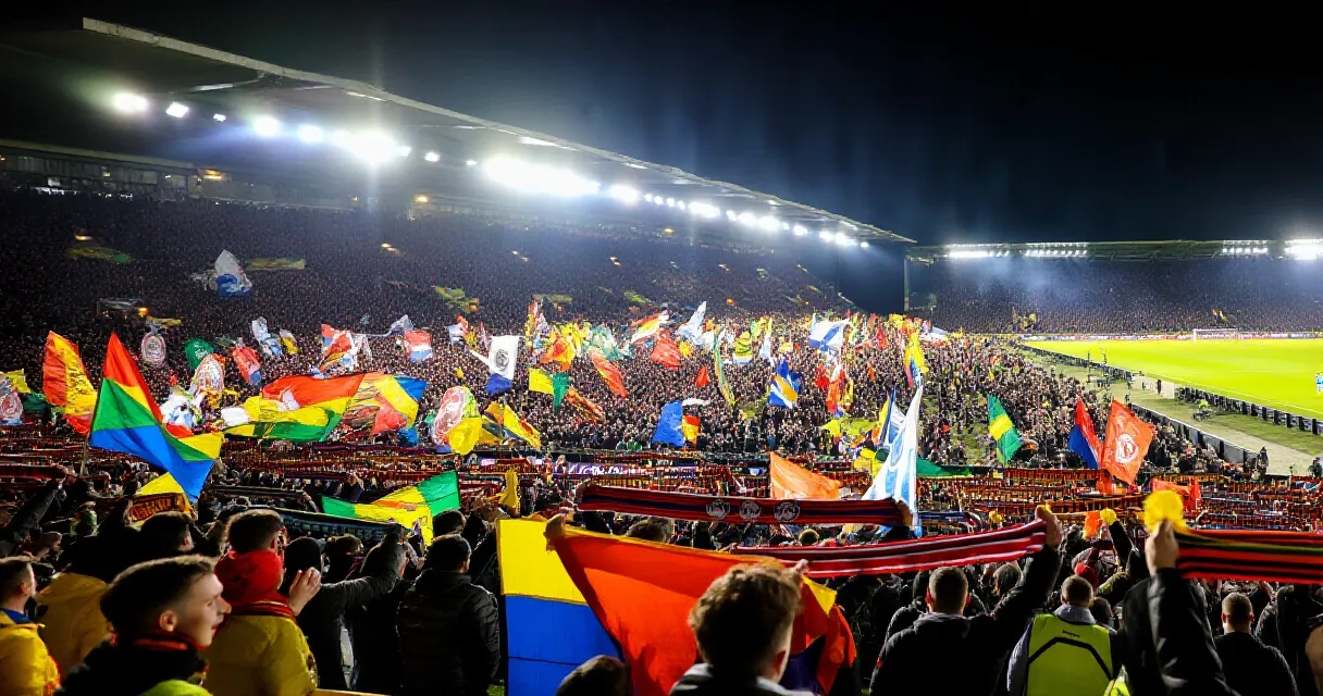 Gardien de but en action lors d'un match international de nuit dans un stade rempli