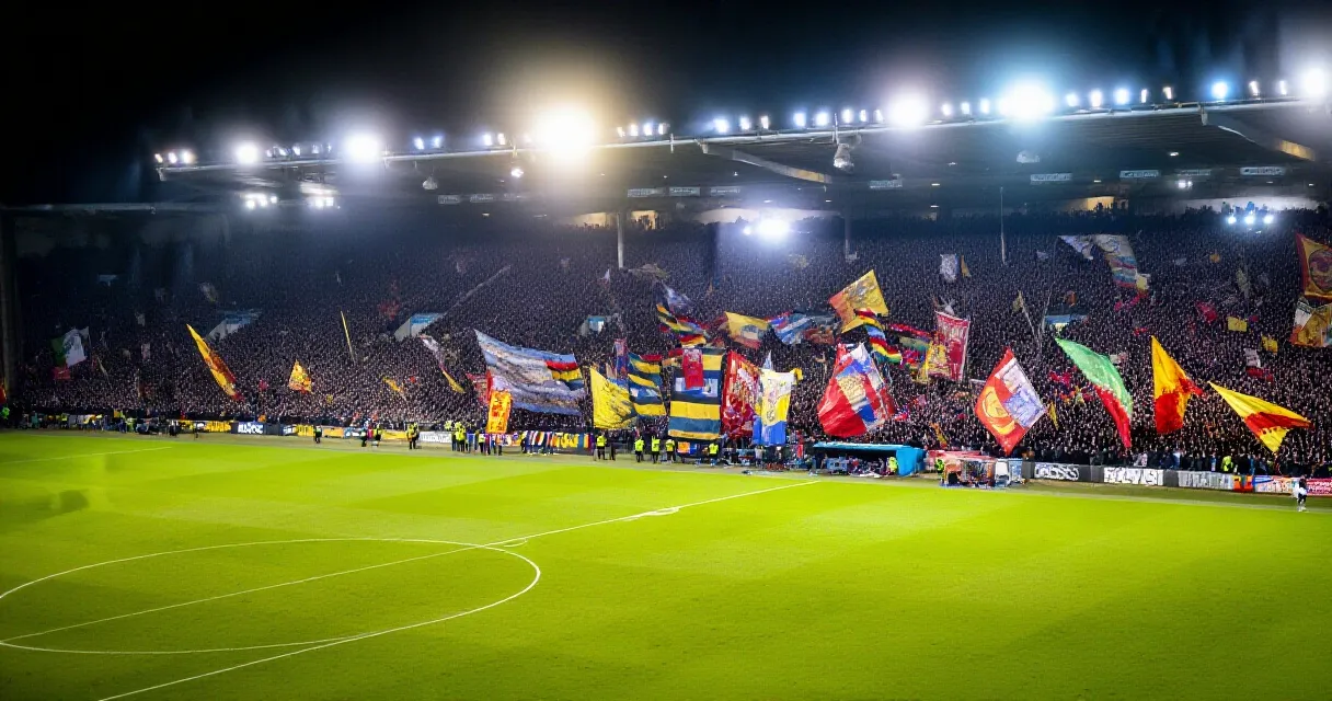 Midfielder celebrating goal in packed football stadium under floodlights