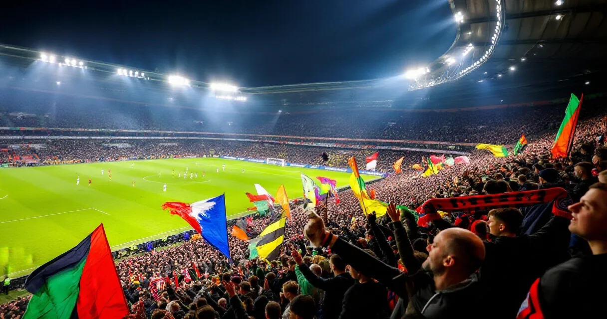 Voetballer met aanvoerdersband in actie tijdens een Eredivisie-wedstrijd in een vol, verlicht stadion