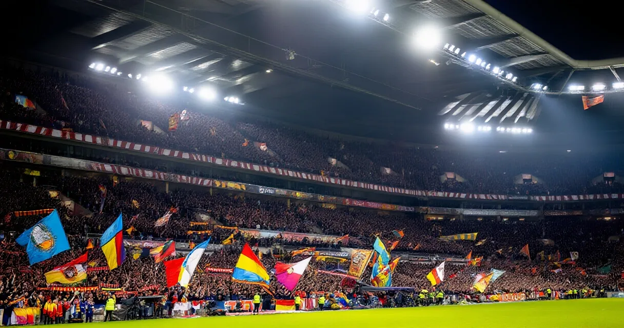 Footballer celebrating a goal in a packed floodlit stadium