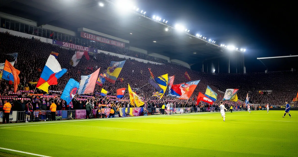 Stade de football international bondé la nuit sous les projecteurs, ambiance électrique