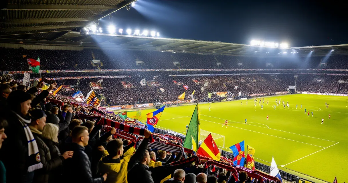 Veteran goalkeeper diving to make a save in a packed floodlit stadium
