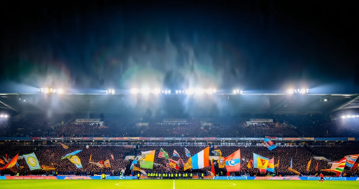 Jogador de futebol deixando o campo em est&aacute;dio iluminado &agrave; noite lotado de torcedores